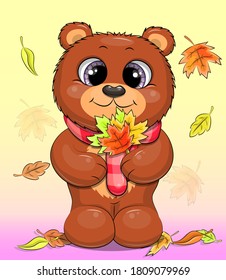 Cute cartoon bear in red scarf holds autumn leaves. Vector illustration of animal on the autumn background. 