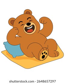  A cute cartoon bear relaxing on a mat, illustrated in a playful and friendly style. Perfect for children's content, print, or digital design.