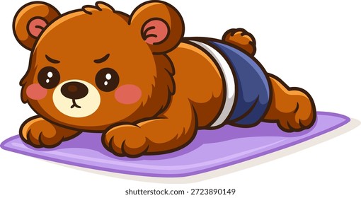 Urso de desenho animado bonito descansando no tapete de ioga após o treino. Um animal engraçado relaxando depois do exercício.