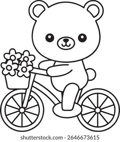 A cute cartoon bear is riding a bicycle with a basket full of flowers. This charming illustration is perfect for children's books and designs, isolated on white background.
