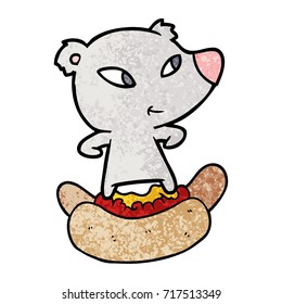 cute cartoon bear riding huge hotdog
