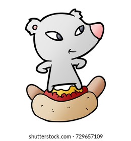 cute cartoon bear riding huge hotdog
