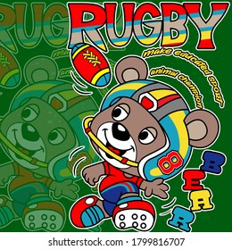 Cute cartoon bear with rugby ball on green background