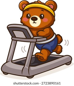 Urso de desenho animado bonito correndo em esteira. Engraçado animal fazendo treinamento cardio.