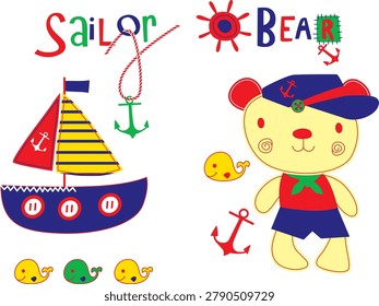 Cute cartoon bear sailor piloting a small boat on a sea adventure, nautical theme vector illustration for children.