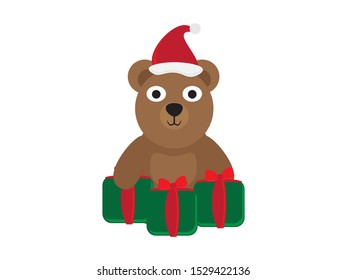 Cute Cartoon Bear with Santa Hat and Green Red Gifts
