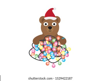 Cute Cartoon Bear with Santa Hat and Colorful Light Bunting