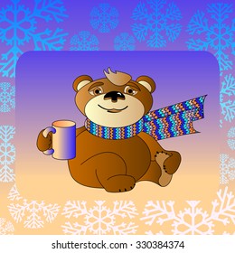 Cute cartoon bear in a scarf with a cup