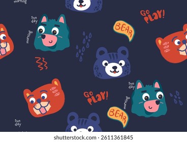 Cute cartoon bear seamless pattern with text and doodles. Kids dark design.