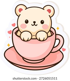 Lindo oso de dibujos animados sentado dentro de una taza de té con corazones, perfecto para el día de San Valentín.
