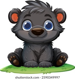 Cute cartoon bear sitting on a grassy patch