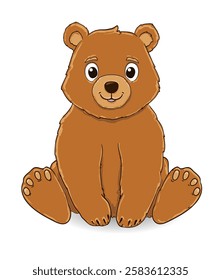 Cute cartoon bear sitting upright with a friendly expression. It has large, rounded eyes, a small nose, and a slight smile. The bear's fur is illustrated in a warm brown color. 