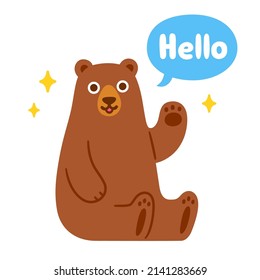 Cute cartoon bear sitting and waving with speech bubble saying Hello. Funny animal character, isolated vector illustration.