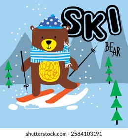 Cute cartoon bear skiing on snowy mountain with scarf and winter hat. Winter sports concept
