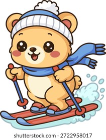 Lindo oso de dibujos animados de esquí en ropa de invierno. Animal feliz disfrutando de la actividad deportiva de invierno.