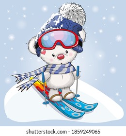 Cute cartoon Bear with skis on a blue background