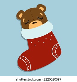 Cute cartoon bear sleeping in Christmas stockings. Vector illustration of Christmas socks