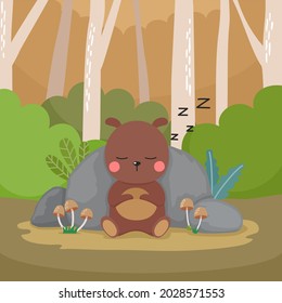 lindo oso de dibujos animados durmiendo en el bosque