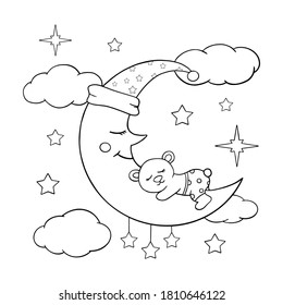 Cute cartoon bear sleeping on the moon in clouds and stars. Black and white coloring page for kids. Vector illustration.