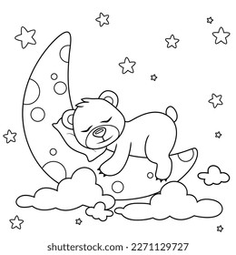 Un oso de dibujos animados que duerme sobre la luna en las nubes. Ilustración vectorial en blanco y negro para libro de colorantes