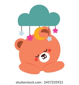 cute cartoon bear sleeping under stars and blue clouds. cute animal doodle sticker