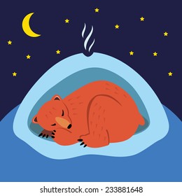 A cute cartoon bear sleeping in the winter in his den.