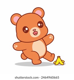 Cute Cartoon Bear Slips on Banana Peel Vactor Illustration . Animasl,Nature