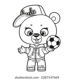 Cute cartoon bear with soccer ball outlined for coloring page on a white background