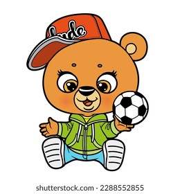 Cute cartoon bear with soccer ball sit on floor color variation for coloring page on a white background