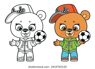 Oso lindo de caricatura con color de bola de fútbol y delineado para colorear página en un fondo blanco 