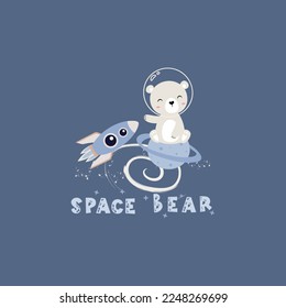 Cute cartoon bear in space. Bear astronaut illustration, star, planet, rocket - Space bear adventure
