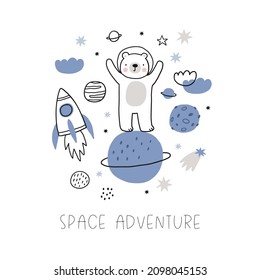 Cute cartoon bear in space - vector print. Bear astronaut illustration, star, planet, rocket - Space adventure
