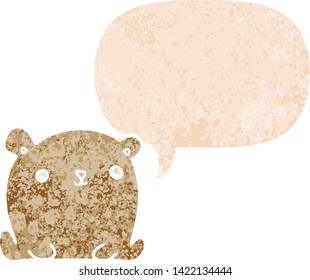 cute cartoon bear with speech bubble in grunge distressed retro textured style
