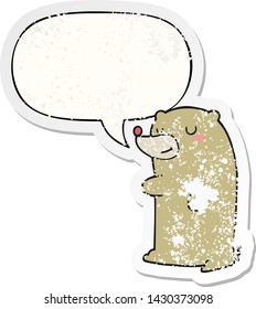 cute cartoon bear with speech bubble distressed distressed old sticker