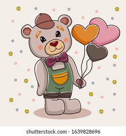 Cute cartoon bear standing with heart shaped balloons. Hand drawn digital art illustration of animal. Baby bear vector illustration. Nursery artwork.
