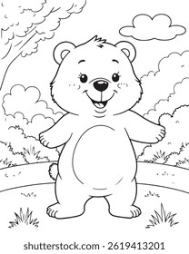 Cute cartoon bear standing with open arms in a simple outdoor scene with trees and clouds. Black and white line art for coloring book. Happy bear illustration.