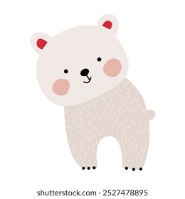 Lindo oso de dibujos animados de pie juguetonamente, diseñado para el arte de los niños en un estilo amigable y colores pastel. Ilustración vectorial