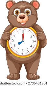 Cute cartoon bear standing upright holding a large analog clock on a white background.