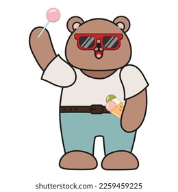A cute cartoon bear stands and ice cream in hand