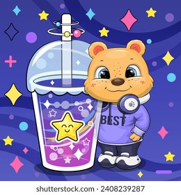 Cute cartoon bear with star drink. Vector illustration of an animal and a cup of colorful water on a dark blue background with stars and dots.
