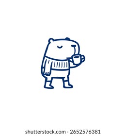 Cute cartoon bear in striped sweater holding a coffee cup