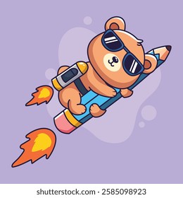 Cute cartoon bear in sunglasses on a rocket. Vector illustration.