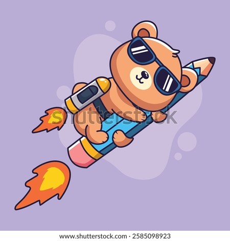 Cute cartoon bear in sunglasses on a rocket. Vector illustration.