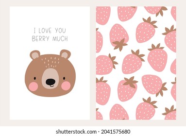 Cute cartoon bear with sweet strawberry - vector print. Hand drawn lettering - I love you berry much