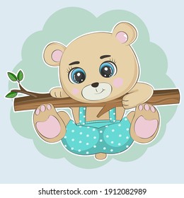 El oso de dibujos animados se trepó a un árbol. Gracioso carácter animal de estilo plano. Afiche moderno para impresiones, tarjeta de saludo para niños, afiche, camisetas. Ilustración vectorial.