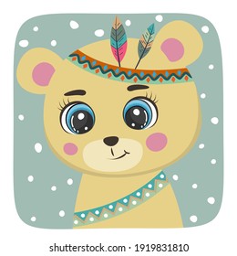 Cute Cartoon bear teddy with red indian feathers.