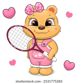 Cute cartoon bear tennis player holding a tennis racket. Sport vector illustration of animal on white background.