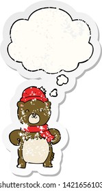 lindo oso de dibujos animados con burbuja de pensamientos como pegatina gastada angustiada