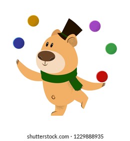 Cute cartoon bear in top hat and green scarf juggling with colorful balls. Holiday concept. Vector illustration can be used for topics like celebration, Christmas, New Year party