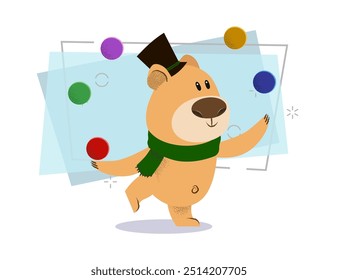 Cute cartoon bear in top hat and green scarf juggling with colorful balls. Holiday concept. Vector illustration can be used for topics like celebration, Christmas, New Year party